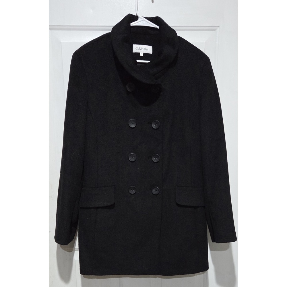 Calvin Klein Black Wool Blend Peacoat Double Breasted Women Sz 16